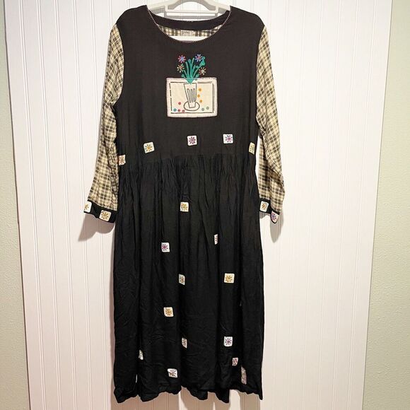 Hand Block Dresses & Skirts - Vintage Hand Jive Hand Block Art To Wear Dress Plaid Sleeves Floral Midi Small